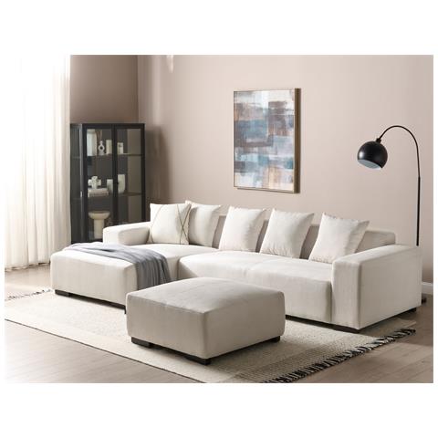 Divano Angolare 4 Posti Lungo Velluto A Coste Bianco Sporco Con Ottomana Lato Destro - Foto 1