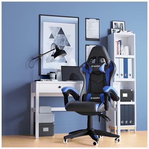 Game Chair - Sedia Da Ufficio Girevole Regolabile Del Gioco Da Corsa - Con Cuscino E Schienale Reclinabile, Nero E Blu - Foto 1