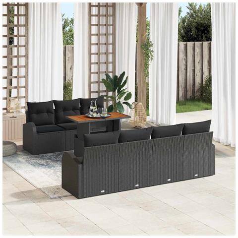 Set da Pranzo da Giardino 8 Pezzi con Cuscini Nero Polyrattan Acacia - Foto 2