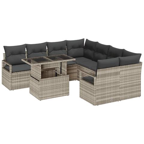 Set Divano da Giardino  9 Pezzi con Cuscini Grigio Chiaro Rattan Polietilene, Divano da Giardino  2 Posti con Cuscini Grigio Rattan Polietilene - Foto 1