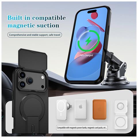 Custodia Magnetica 2-in-1 Compatibile Con Iphone 17 Pro Max Con Finestra Scorrevole E Supporto Black - Foto 7