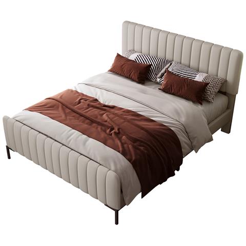 Letto Matrimoniale In Lino Grigio-beige Con Struttura In Legno Massello E Design Moderno - Foto 1