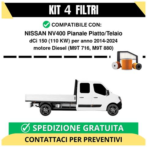 Kit 4 Filtri Tagliando Per Nissan Nv400 Pianale Piatto/telaio Dci 150 110 Kw Diesel 2014-2024 - Foto 1