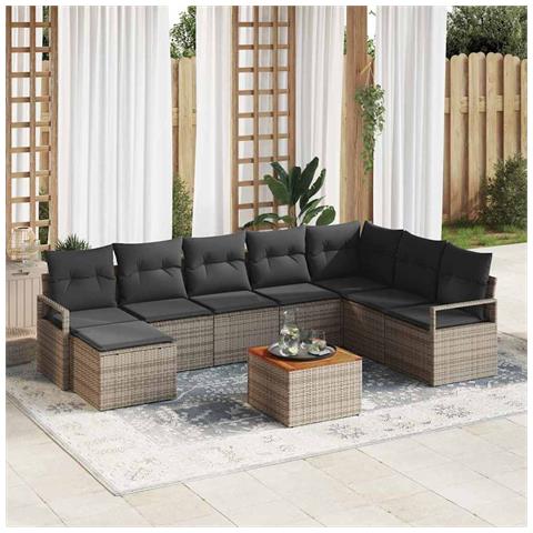Set Divano da Giardino  9 Pezzi con Cuscini Grigio in Polyrattan Acacia, Divano da Giardino  2 Posti con Cuscini Grigio in Polyrattan - Foto 2