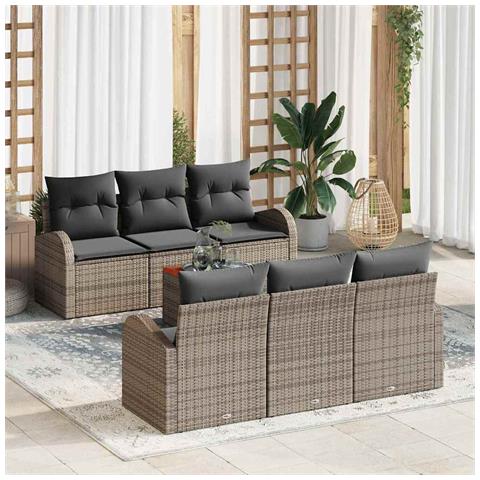 Set Divano da Giardino 7 Pezzi con Cuscini Grigio Polyrattan Acacia, Divano da Giardino 2 Posti con Ripostiglio & Cuscini Grigio Polyrattan - Foto 2