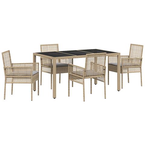 Set da pranzo da giardino 5 pezzi con cuscini beige in rattan sintetico - Foto 1