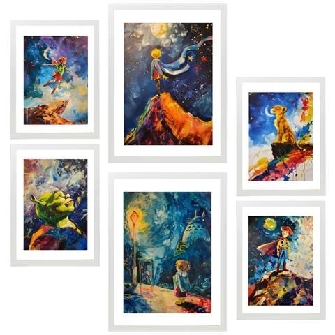 Set Di 6 Stampe Figure Per Bambini Incorniciate Con Illustrazioni Di Design Per Decorare Le Pareti Della Tua Stanza Di Casa. Negozio Di Pittura. A3 & A4 Cornice Bianca - Foto 1