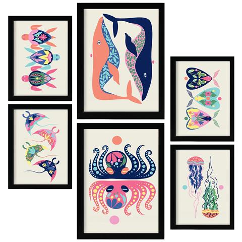 Set Di 6 Stampe Creatures Frames 2 In Animali Astratti Dipinti Decorativi Estetici Per Il Tuo Soggiorno Camera Da Letto Casa A3 & A4 Cornice Nera - Foto 1