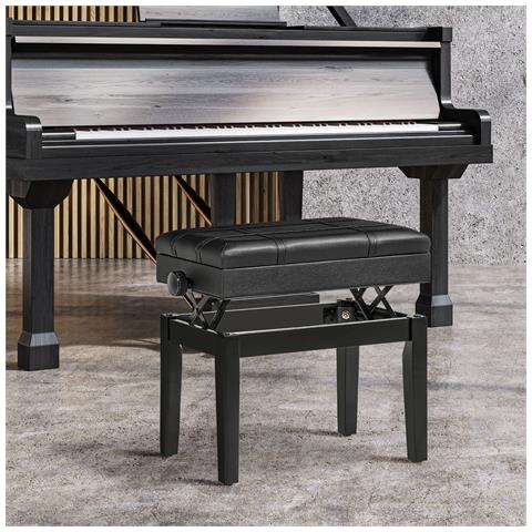 Sgabello per Pianoforte con Altezza Regolabile e Contenitore in Legno e Finta Pelle, 63x35x46-56cm, Nero - Foto 2