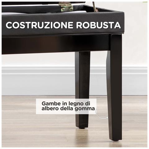 Sgabello per Pianoforte con Altezza Regolabile e Contenitore in Legno e Finta Pelle, 63x35x46-56cm, Nero - Foto 6