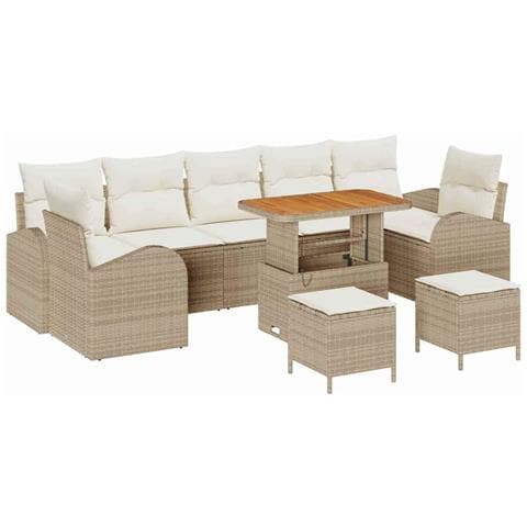 Set di divani da giardino  con cuscini Beige in rattan polietilene e acacia, Divano da giardino a 2 posti  con storage e cuscini Beige in rattan polietilene, Set da pranzo da giardino a 3 pezzi con cuscini Beige in rattan polietilene e acacia - Foto 1