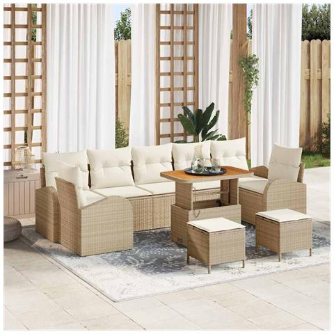 Set di divani da giardino  con cuscini Beige in rattan polietilene e acacia, Divano da giardino a 2 posti  con storage e cuscini Beige in rattan polietilene, Set da pranzo da giardino a 3 pezzi con cuscini Beige in rattan polietilene e acacia - Foto 2