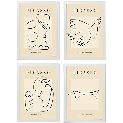 Set Di 4 Stampe Illustrazioni Di Picasso Pace Illustrazioni A Linea Singola In Galleria D'arte Dipinti Per La Decorazione Di Interni Cornice Bianca A3 - Foto 1