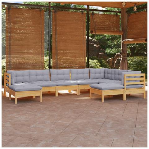 Set Divani da Giardino 9 pz con Cuscini Grigi Massello di Pino - Foto 2