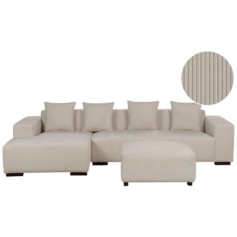 Divano Angolare 4 Posti Lungo Velluto A Coste Beige Con Ottomana Lato Destro - Foto 2