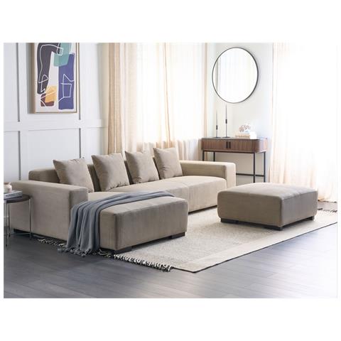 Divano Angolare 4 Posti Lungo Velluto A Coste Beige Con Ottomana Lato Destro - Foto 1