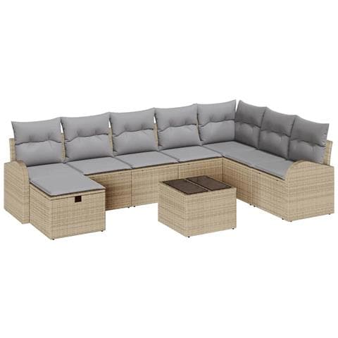 Set di divani da giardino di 9 pezzi con cuscini beige in rattan PE - Foto 1