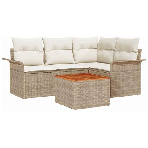 Set divani da giardino 5 pezzi con cuscini beige in polyrattan acacia - Foto 1