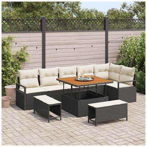 Set Divano da Giardino con 9 Pezzi e Cuscini Nero Polyrattan Acacia, Divano da Giardino per 2 Persone con Cuscini Nero Polyrattan, Set da Pranzo da Giardino con 3 Pezzi e Cuscini Nero Polyrattan Acacia - Foto 2