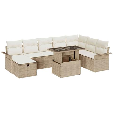 Set Divano da Giardino con cuscino 9 pcs Beige Poly Rattan - Foto 1
