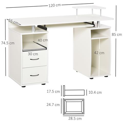 Scrivania Per Pc Con Ripiano Per Tastiera E Per Monitor E 2 Cassetti, 120x55x85 Cm, Bianca - Foto 2