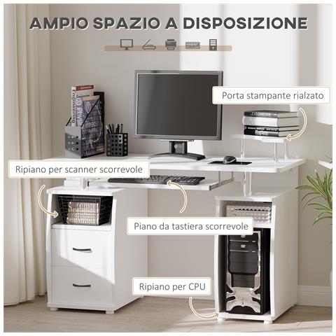 Scrivania Per Pc Con Ripiano Per Tastiera E Per Monitor E 2 Cassetti, 120x55x85 Cm, Bianca - Foto 6