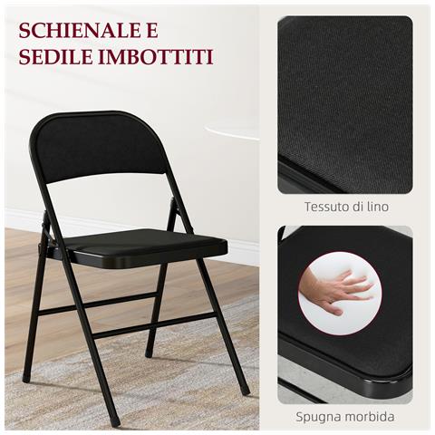 Set di 4 Sedie Pieghevoli con Seduta Imbottita in poliestere e Struttura in Acciaio, Nero - Foto 2
