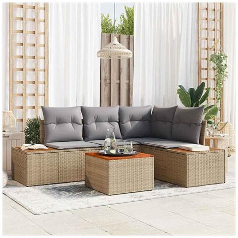 Set Divani da Giardino 5 Pezzi con Cuscini Beige Polyrattan Acacia - Foto 2