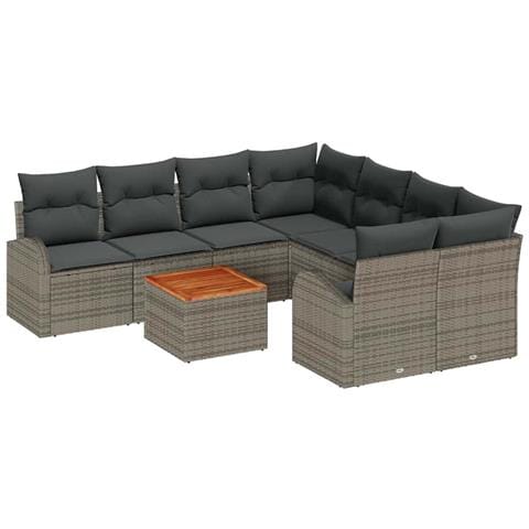 Set Divano da Giardino 9 Pezzi con Cuscini Grigio Polyrattan Acacia, Divano da Giardino 2 Posti con Spazio di Stoccaggio e Cuscini Grigio Polyrattan - Foto 1