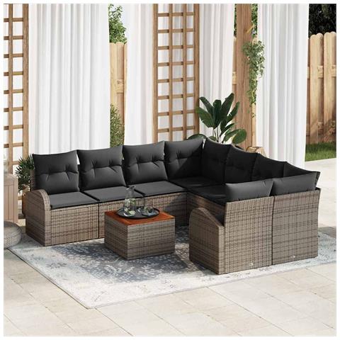 Set Divano da Giardino 9 Pezzi con Cuscini Grigio Polyrattan Acacia, Divano da Giardino 2 Posti con Spazio di Stoccaggio e Cuscini Grigio Polyrattan - Foto 2