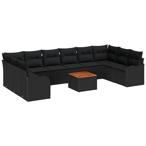 Set Divano da Giardino con Cuscini  10 Pezzi Rattan Nero Acacia, Divano da Giardino per Due Persone con Cuscini Rattan Nero - Foto 1