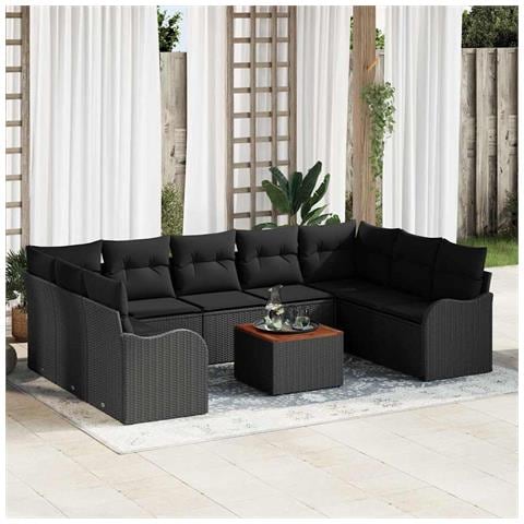 Set Divano da Giardino con Cuscini  10 Pezzi Rattan Nero Acacia, Divano da Giardino per Due Persone con Cuscini Rattan Nero - Foto 2