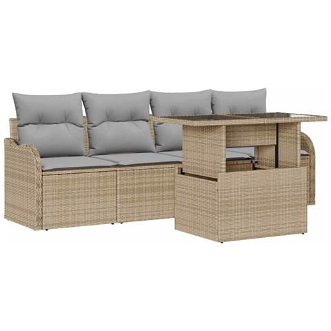 Set Divano Giardino 5 Pezzi con Cuscini Beige in Rattan Poliestere, Divano Giardino 2 Posti con Spazio Stoccaggio e Cuscini Beige in Rattan Poliestere - Foto 1