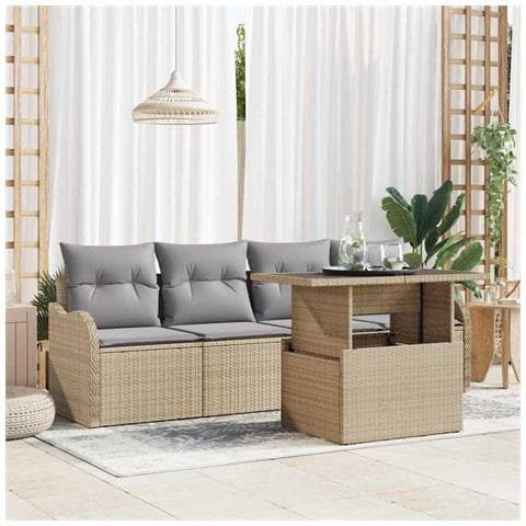 Set Divano Giardino 5 Pezzi con Cuscini Beige in Rattan Poliestere, Divano Giardino 2 Posti con Spazio Stoccaggio e Cuscini Beige in Rattan Poliestere - Foto 2