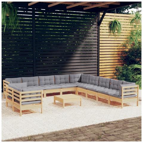 Set Divani da Giardino 12 pz con Cuscini Grigi Massello di Pino - Foto 2
