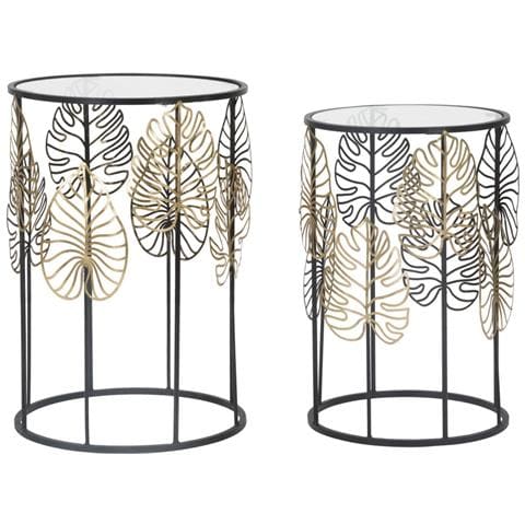 Coppia Tavolinetti Foglie Glam In Ferro E Vetro Nero E Gold - Ø 38 X H 55 E Ø 33 X H 50 Cm - Foto 1