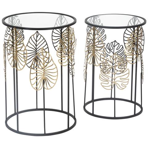 Coppia Tavolinetti Foglie Glam In Ferro E Vetro Nero E Gold - Ø 38 X H 55 E Ø 33 X H 50 Cm - Foto 2