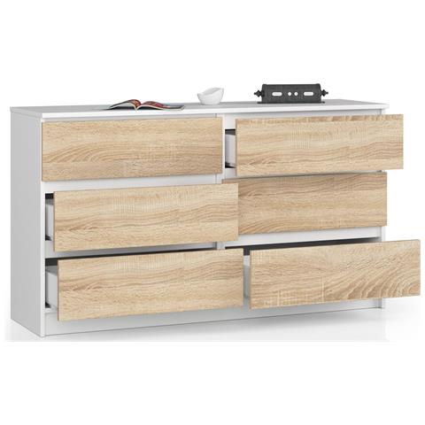 Cassettiera K140, 6 cassetti, 138x40x77 cm, Colore Bianco e Sonoma Quercia - Foto 2