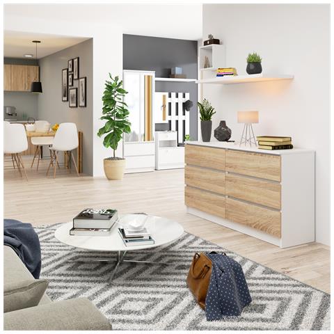 Cassettiera K140, 6 cassetti, 138x40x77 cm, Colore Bianco e Sonoma Quercia - Foto 5