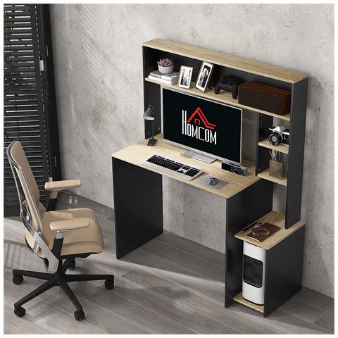 Scrivania Moderna Con Ripiani E Supporto Per Cpu In Legno, 114x45x138cm, Grigio E Legno Naturale - Foto 2