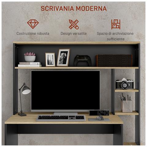 Scrivania Moderna Con Ripiani E Supporto Per Cpu In Legno, 114x45x138cm, Grigio E Legno Naturale - Foto 6