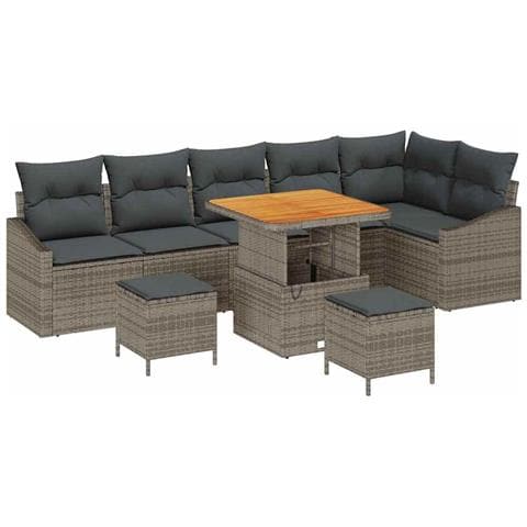 Set di Divani da Giardino di 9 Pezzi con Cuscini Grigio Polyrattan Acacia, Divano da Giardino di 2 Posti con Cuscini Grigio Polyrattan, Set da Pranzo da Giardino di 3 Pezzi con Cuscini Grigio Polyrattan Acacia - Foto 1