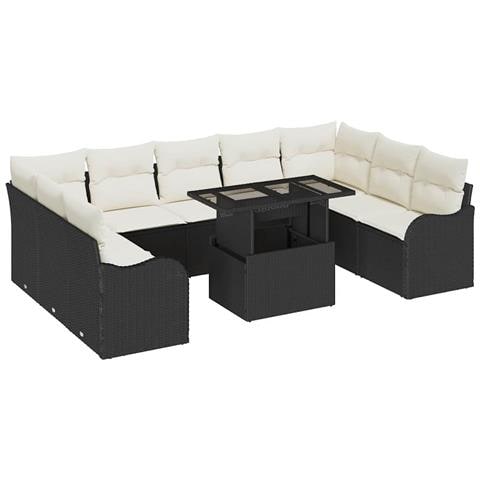 Set Divano da Giardino con Cuscini  10 Pezzi Rattan Poli Nero, Divano Giardino  2 Posti con Ripostiglio e Cuscini Rattan Poli Nero - Foto 1