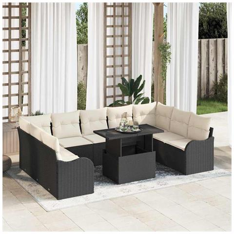 Set Divano da Giardino con Cuscini  10 Pezzi Rattan Poli Nero, Divano Giardino  2 Posti con Ripostiglio e Cuscini Rattan Poli Nero - Foto 2