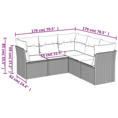 Set Divano da Giardino 5 pz con Cuscini Grigio in Polyrattan - Foto 3
