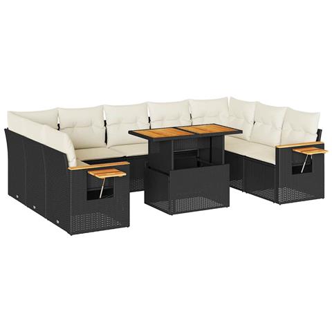 Set Divani Giardino 10pz con Cuscini Nero in Polyrattan Acacia - Foto 1