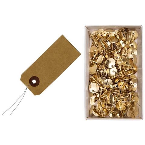 60 Etichette Kraft 9 X 4 Cm + 150 Puntine Da Disegno Dorate - Foto 1