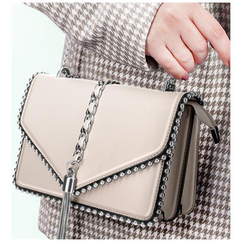 Borsa Trendy Con Manico In Similpelle E Catena Metallica, Beige - Foto 2
