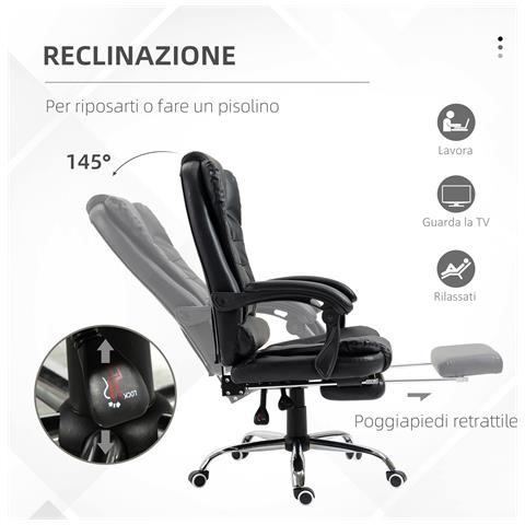 Sedia Da Ufficio Ad Altezza Regolabile Con Schienale Reclinabile E Poggiapiedi, 64.5x69x109-117 Cm, Nero - Foto 2