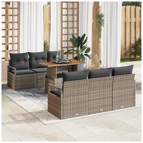 Set Divano da Giardino 7 Pezzi con Cuscini Grigio Polyrattan, Divano da Giardino 2 Posti con Ripostiglio e Cuscini Grigio Polyrattan - Foto 2